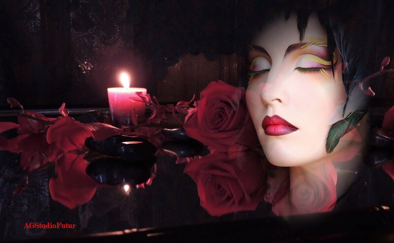 Woman with Red Roses — Dramatic, Night, Digital Art, Candle, Feathers