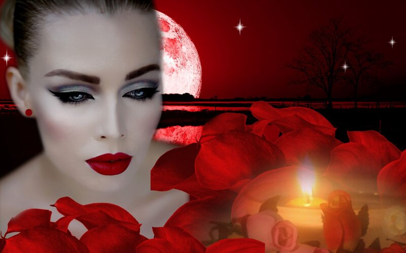 Woman with Red Roses — Dramatic, Night, Digital Art, Candle