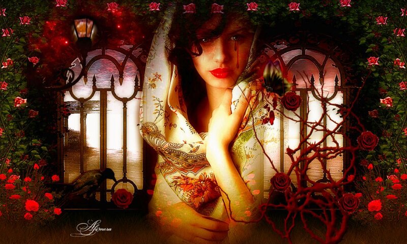 Woman with Red Roses — Dramatic, Night, Digital Art, Gate