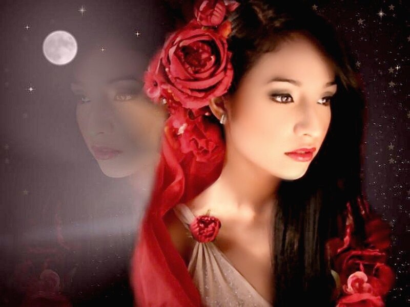 Woman with Red Roses — Dramatic, Night, Digital Art, Moon