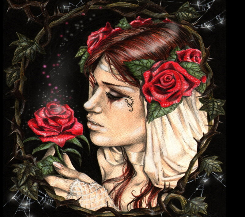 Woman with Red Roses — Dramatic, Night, Digital Art, Thorns