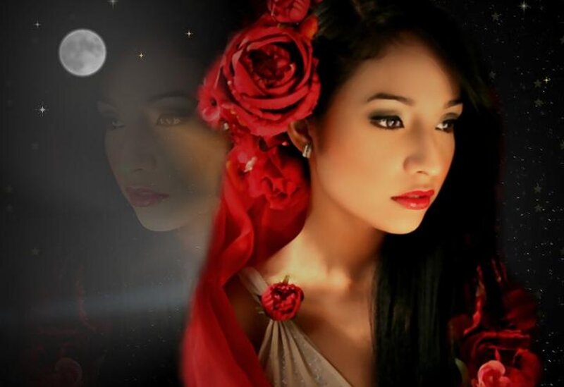 Woman with Red Roses — Dramatic, Night, Digital Art