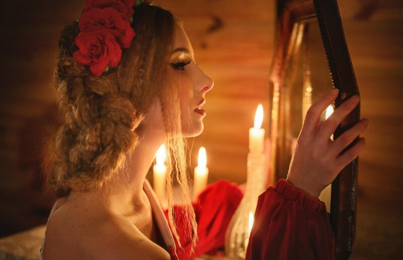 Woman with Red Roses — Dramatic, Night, Photograph