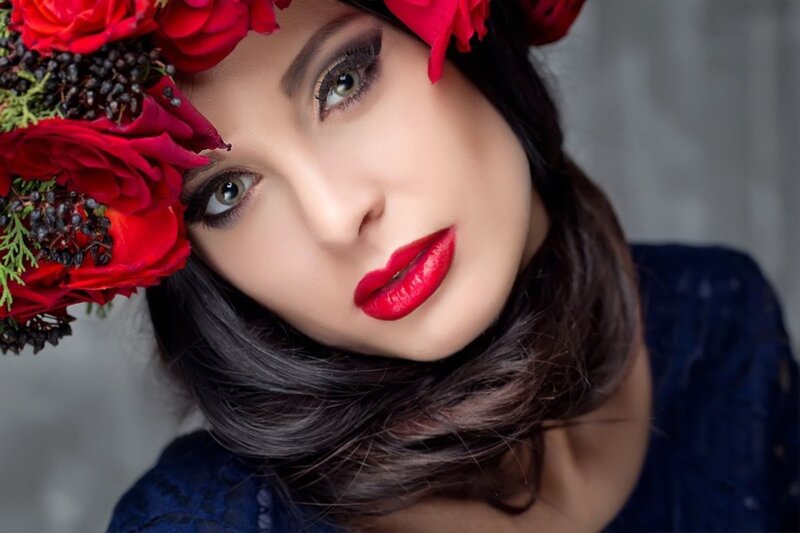 Woman with Red Roses — Dramatic, Photograph, Berries