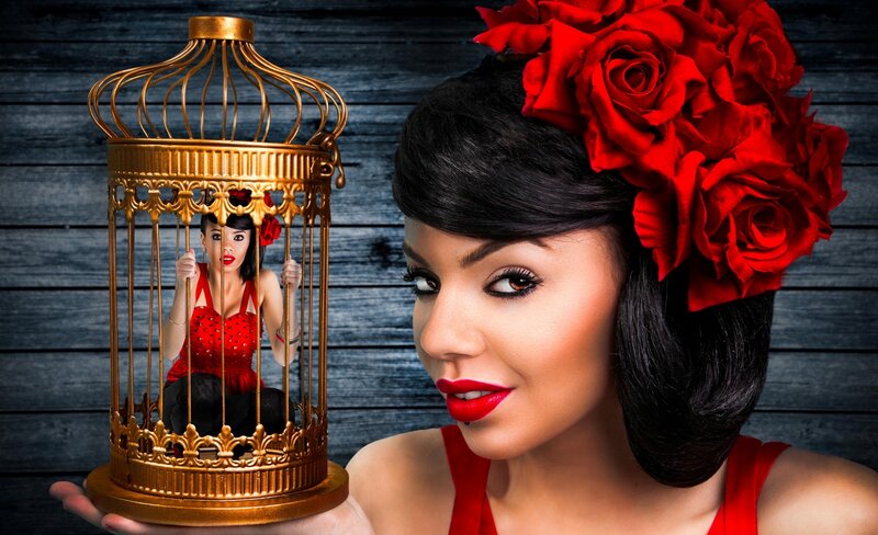 Woman with Red Roses — Dramatic, Photograph, Birdcage, Red Roses
