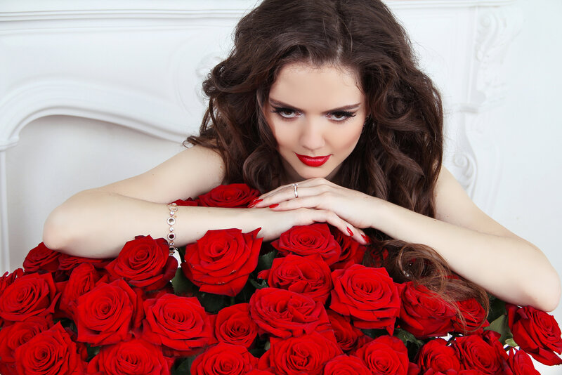 Woman with Red Roses — Dramatic, Photograph, Bracelet
