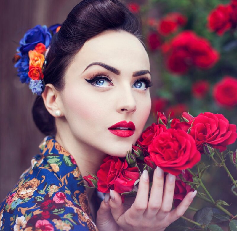 Woman with Red Roses — Dramatic, Photograph, Flowers, Makeup
