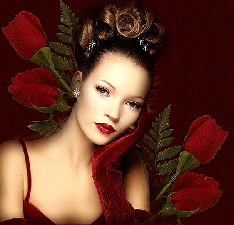 Woman with Red Roses — Dramatic, Photograph, Hairpins