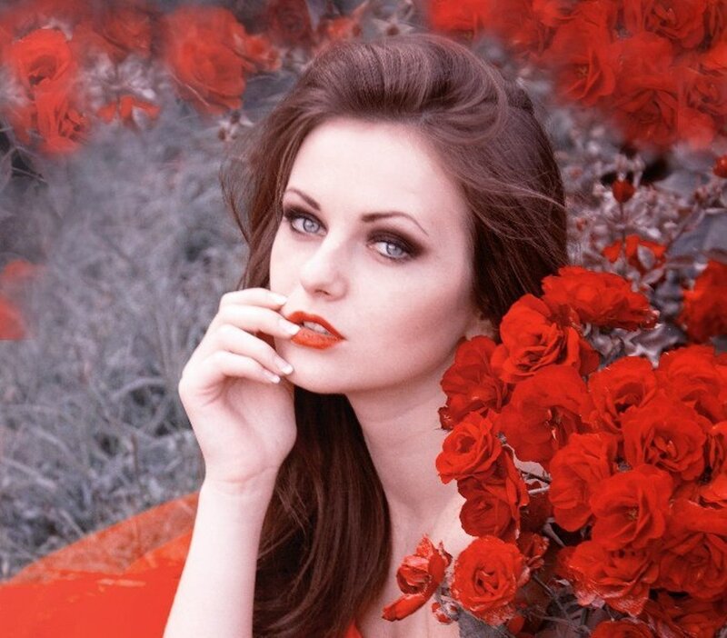 Woman with Red Roses — Dramatic, Photograph, Hand, Makeup