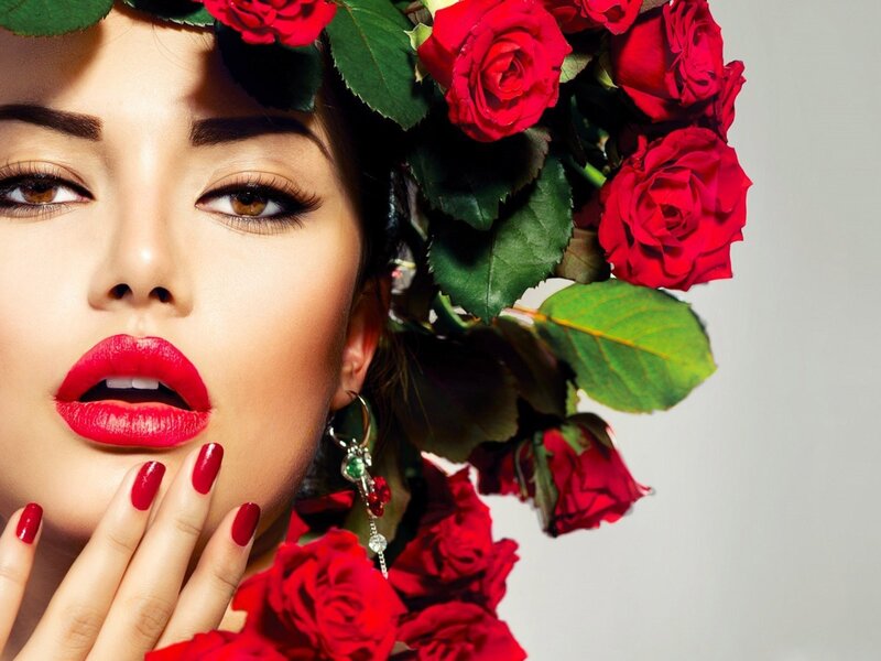 Woman with Red Roses — Dramatic, Photograph, Lipstick, Earring