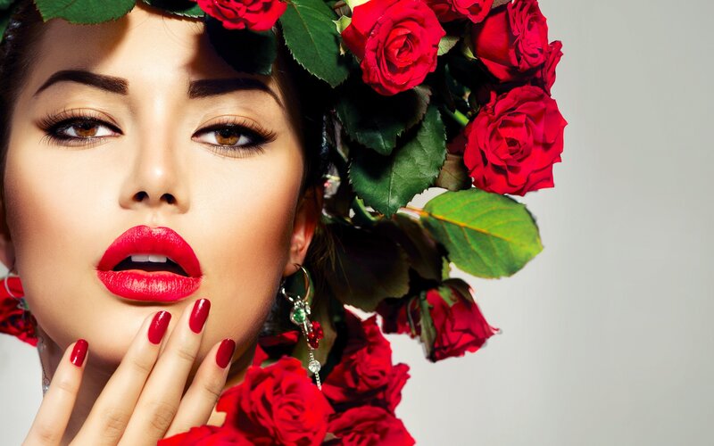 Woman with Red Roses — Dramatic, Photograph, Lipstick