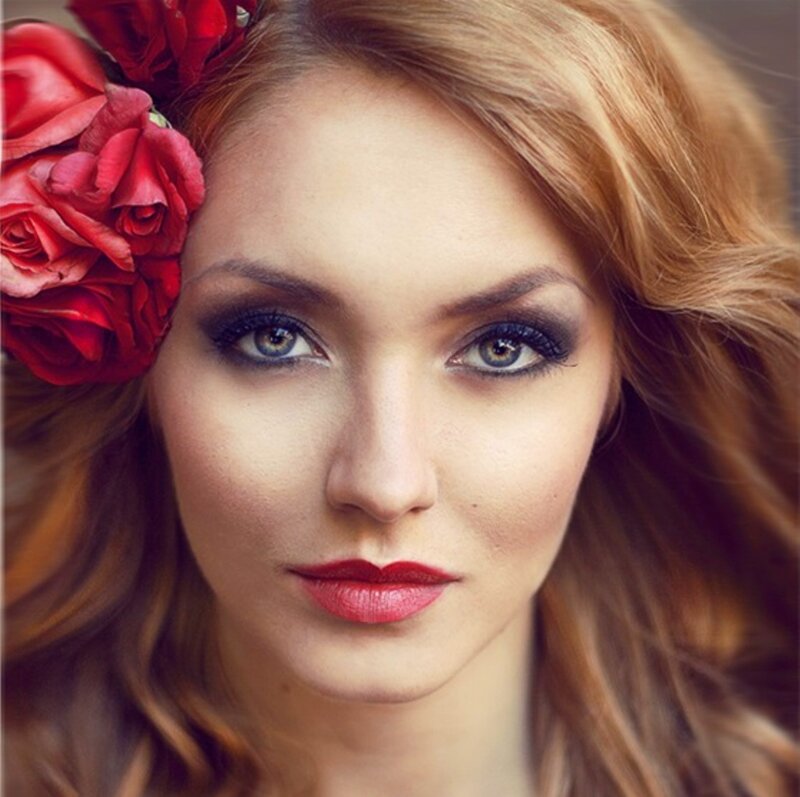 Woman with Red Roses — Dramatic, Photograph, Makeup, Hair