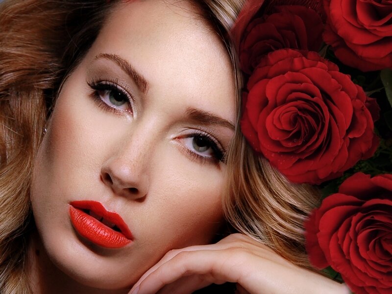 Woman with Red Roses — Dramatic, Photograph, Makeup