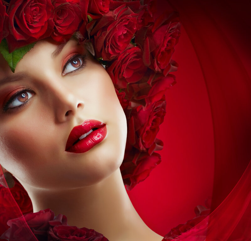 Woman with Red Roses — Dramatic, Photograph, Makeup, Veil