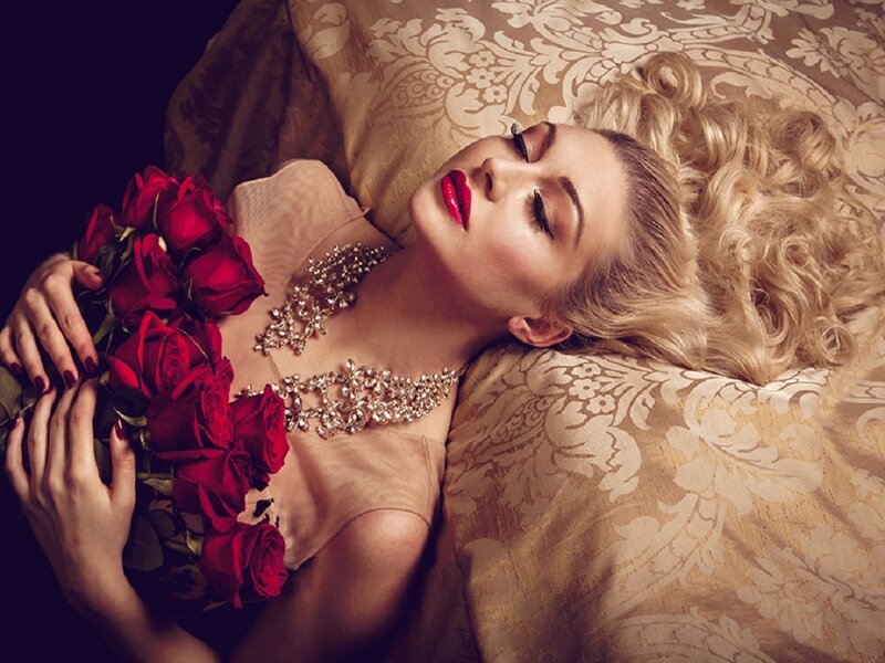 Woman with Red Roses — Dramatic, Photograph, Necklace