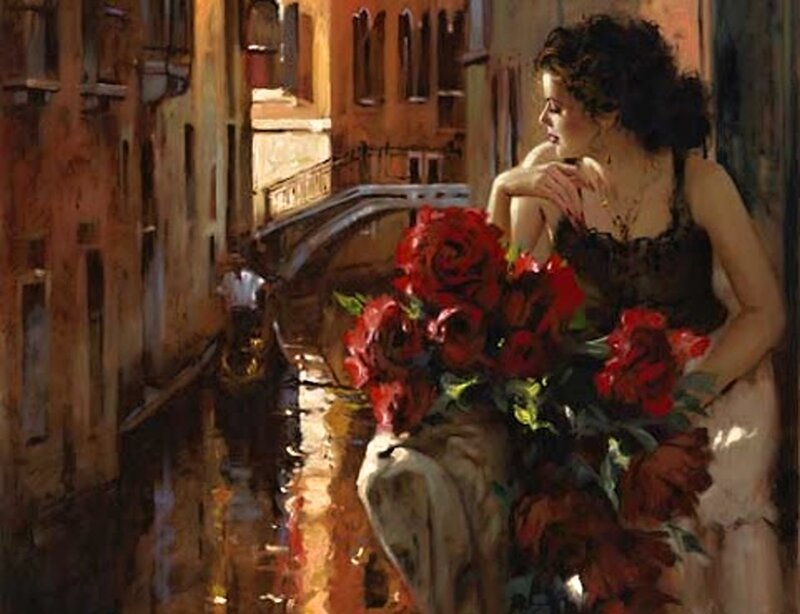 Woman with Red Roses — Dramatic, Sunset