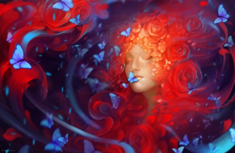 Woman with Red Roses — Dreamy, Digital Art, Butterflies