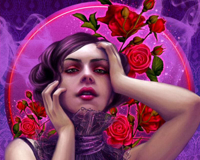 Woman with Red Roses — Purple, Dramatic