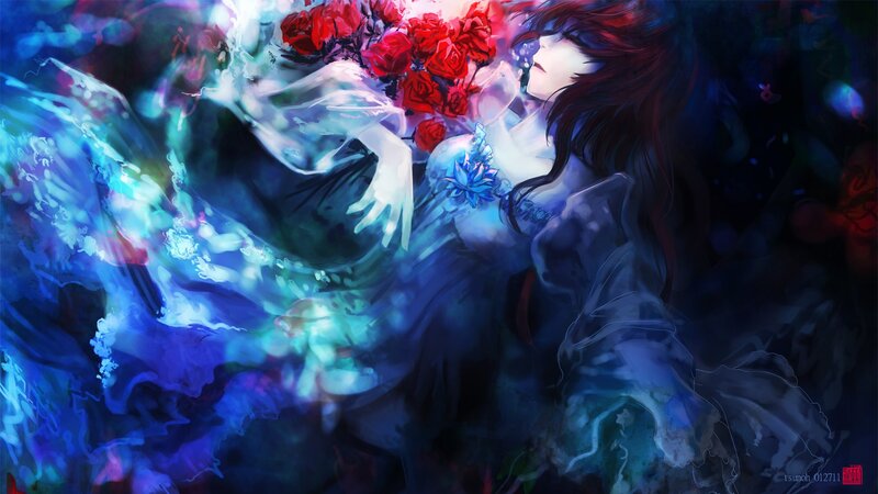 woman with red roses underwater