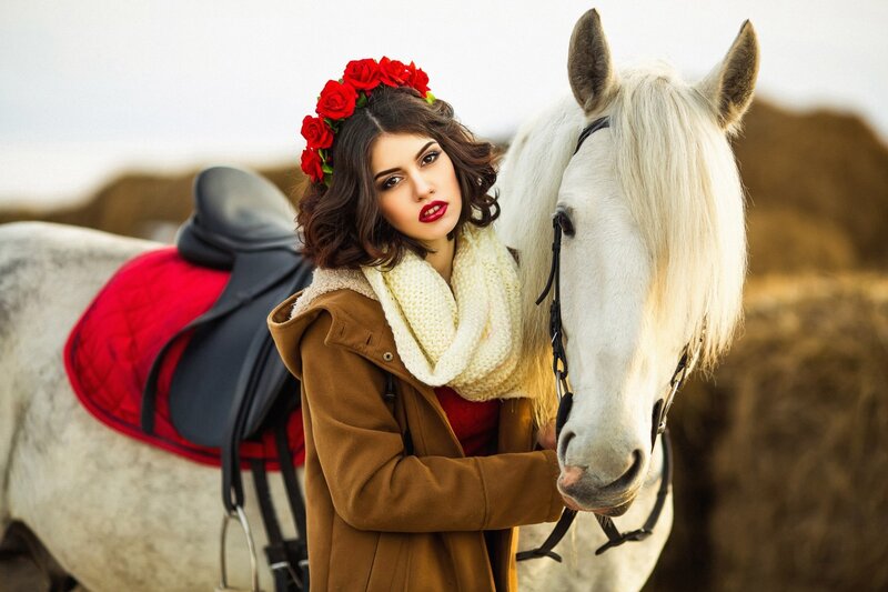 Woman with Red Roses — White, Dramatic, Photograph, Horse