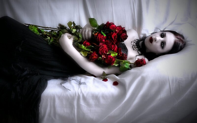 Woman with Red Roses — White, Dramatic, Photograph