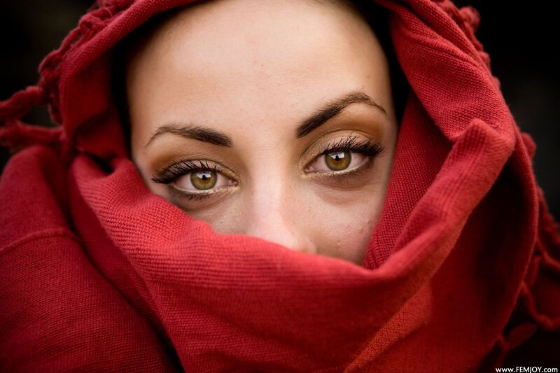 woman with red scarf