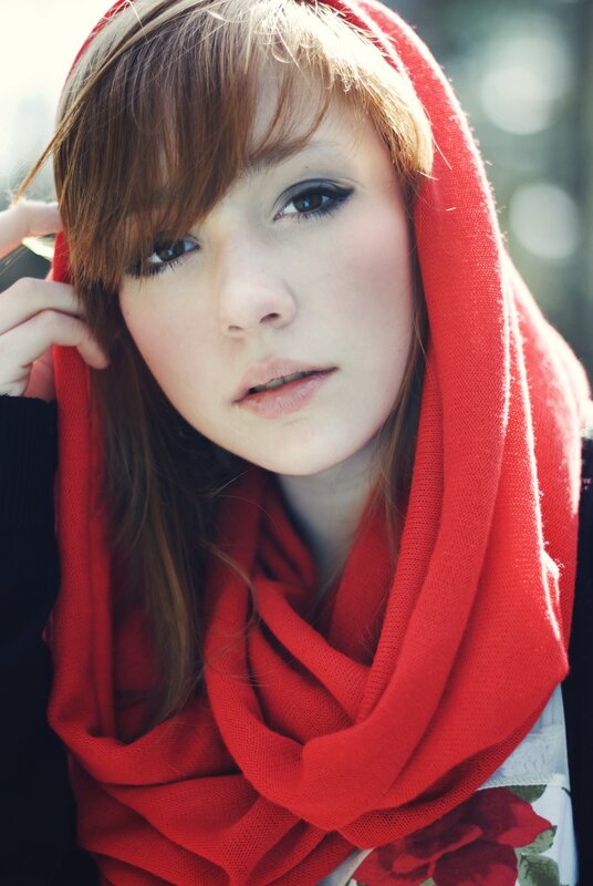 woman with red scarf