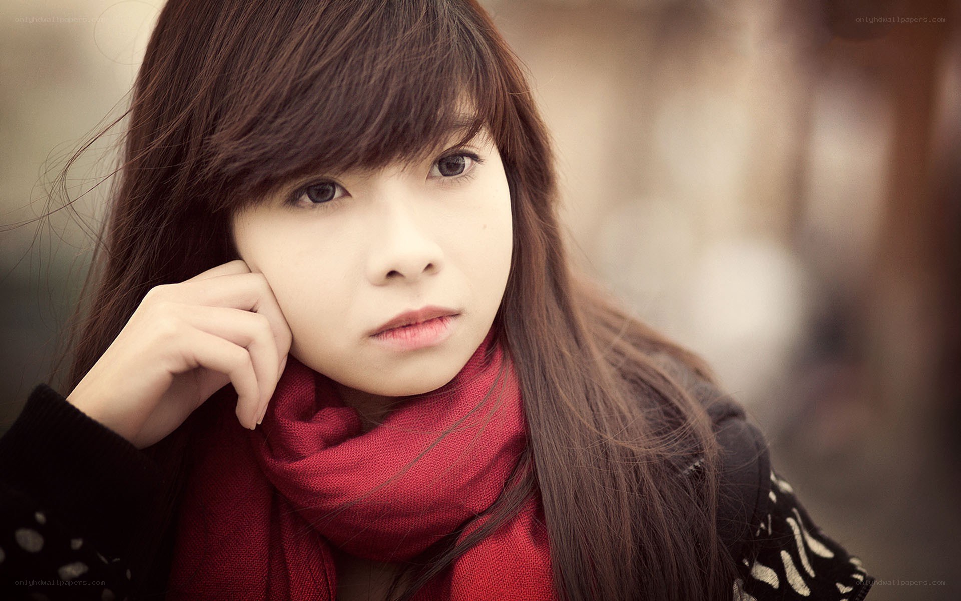 woman with red scarf