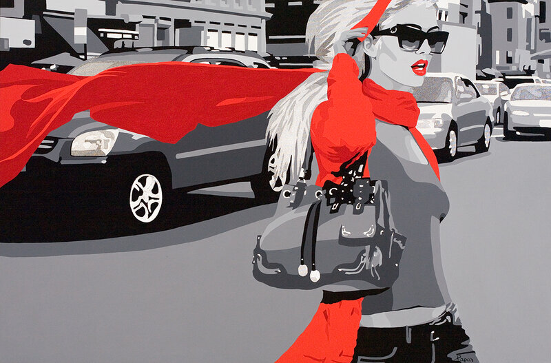 Woman with Red Scarf — Dramatic, Afternoon, Illustration