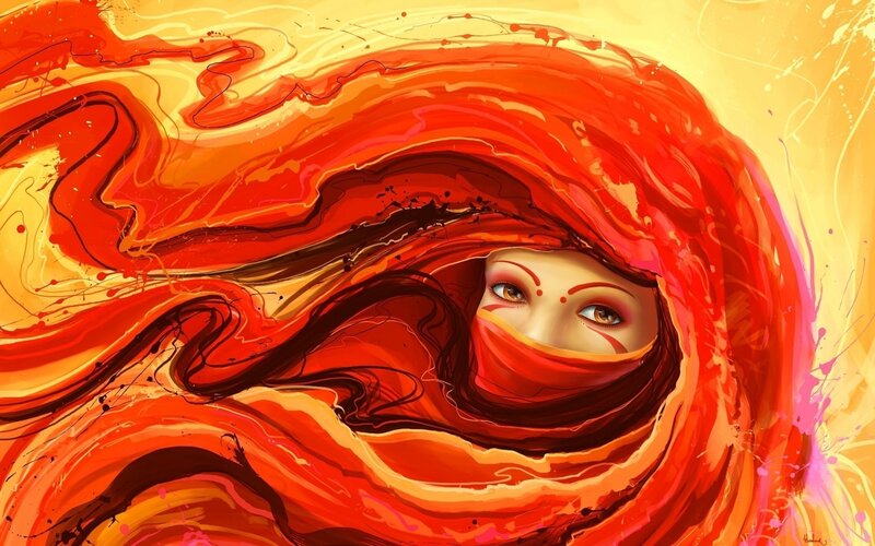 Woman with Red Scarf — Dramatic, Digital Art, Eyes