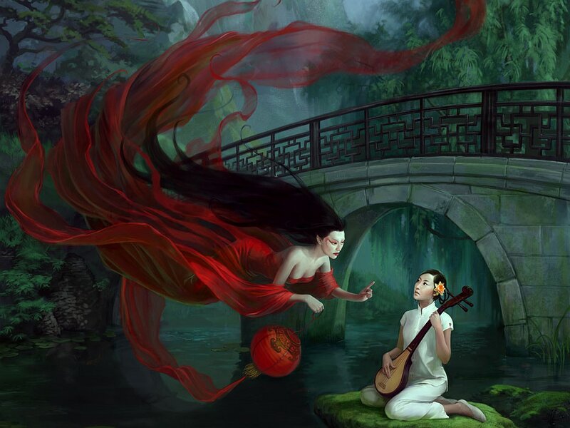 Woman with Red Scarf — Dramatic, Night