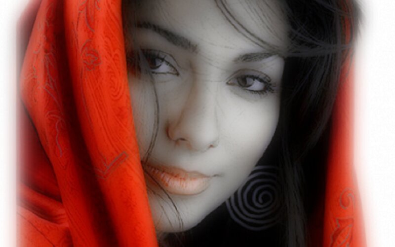 Woman with Red Scarf — Dramatic, Photograph, Earring