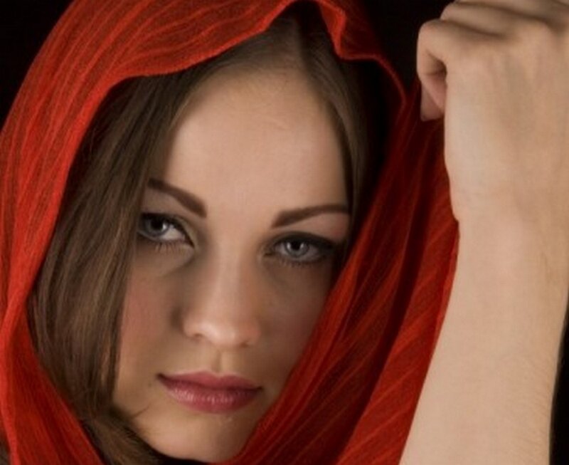 Woman with Red Scarf — Dramatic, Photograph, Hand