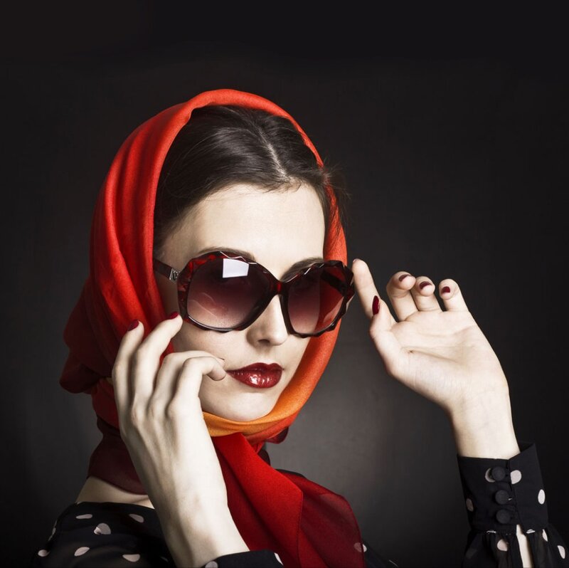 Woman with Red Scarf — Dramatic, Photograph, Sunglasses