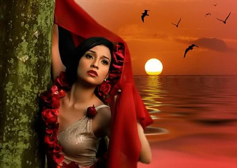 Woman with Red Scarf — Dramatic, Sunset