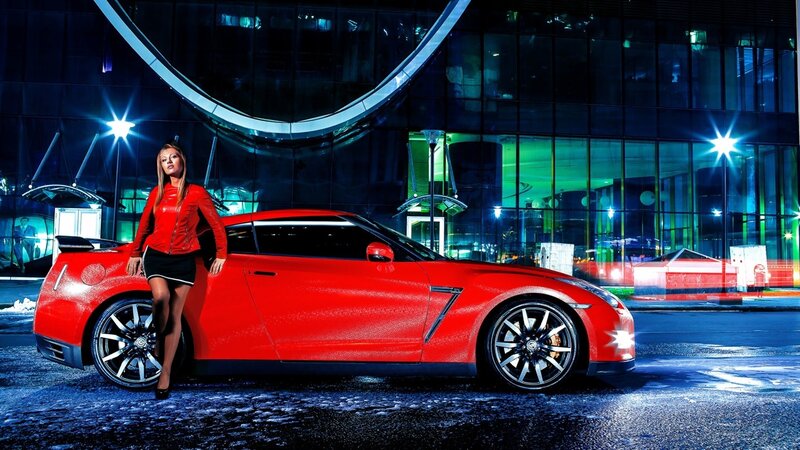 Woman with Red Sports Car — Dramatic, Night, Photograph