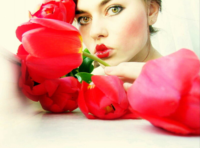 Woman with Red Tulips — Intimate