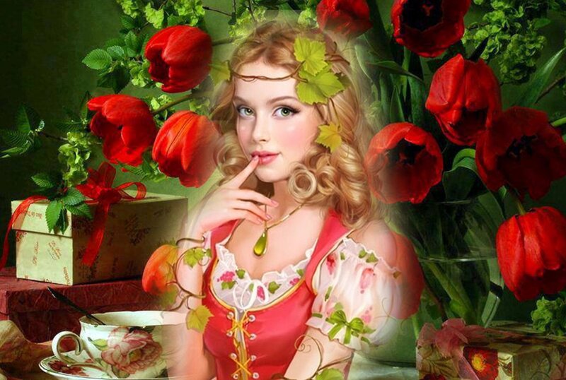 Woman with Red Tulips — Serene
