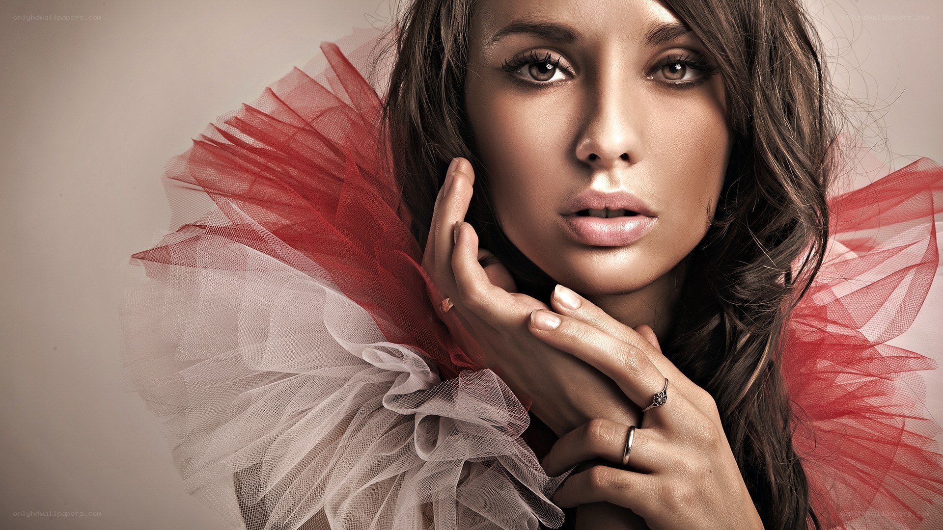 woman with red tulle collar