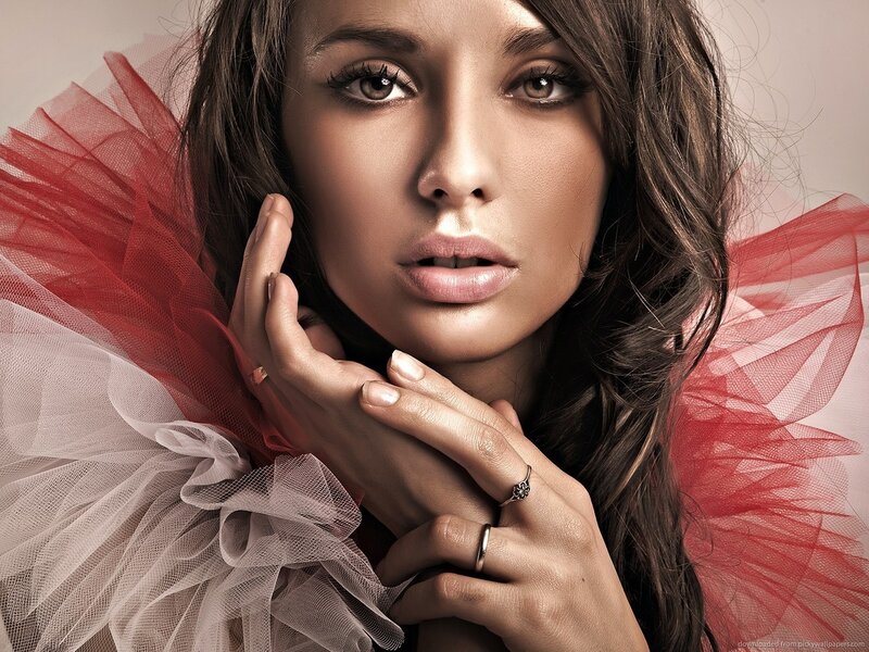 woman with red tulle dress