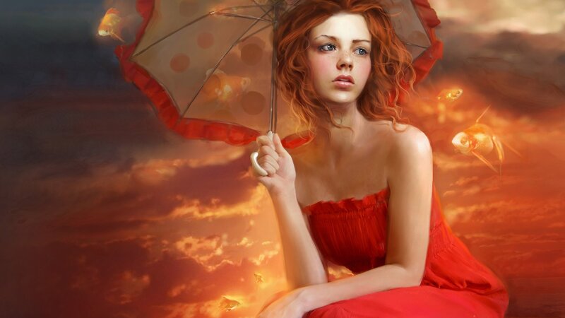 woman with red umbrella and fish