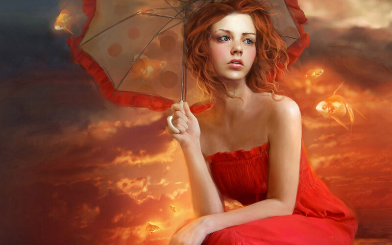 woman with red umbrella and fish