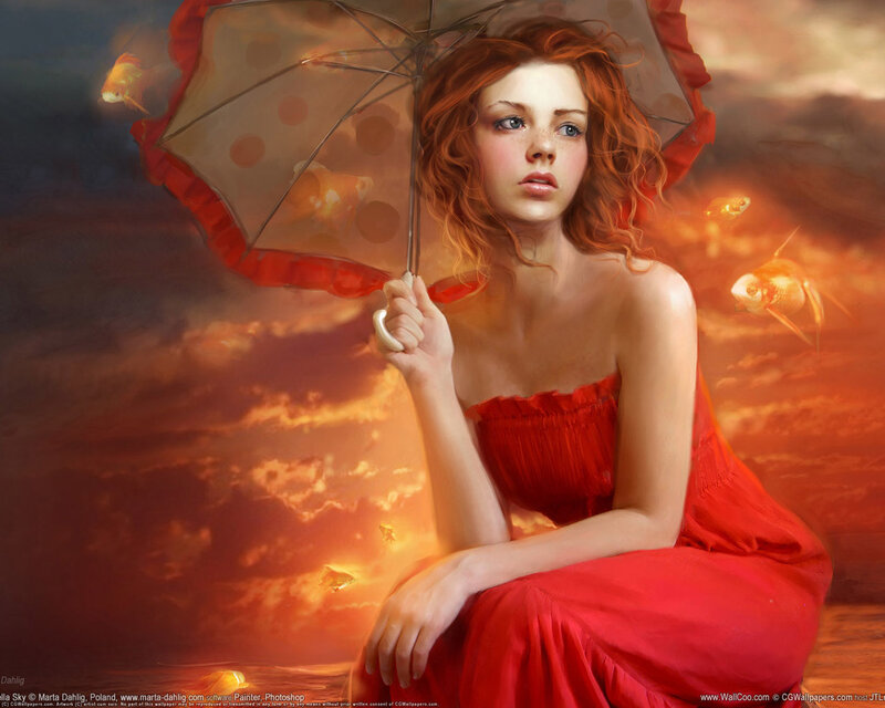 Woman with red umbrella and fish