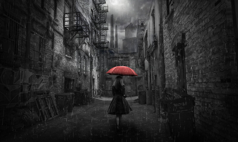 Woman with Red Umbrella — Black, Dramatic, Night, Digital Art, Alley