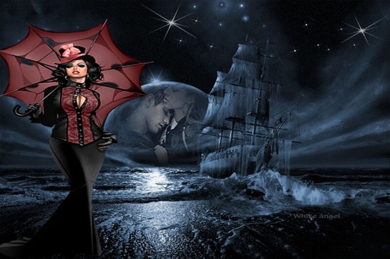Woman with Red Umbrella — Black, Dramatic, Night, Digital Art