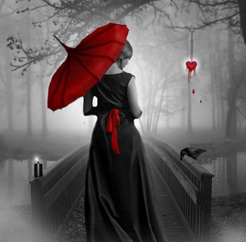 Woman with Red Umbrella — Black, Dramatic, Night