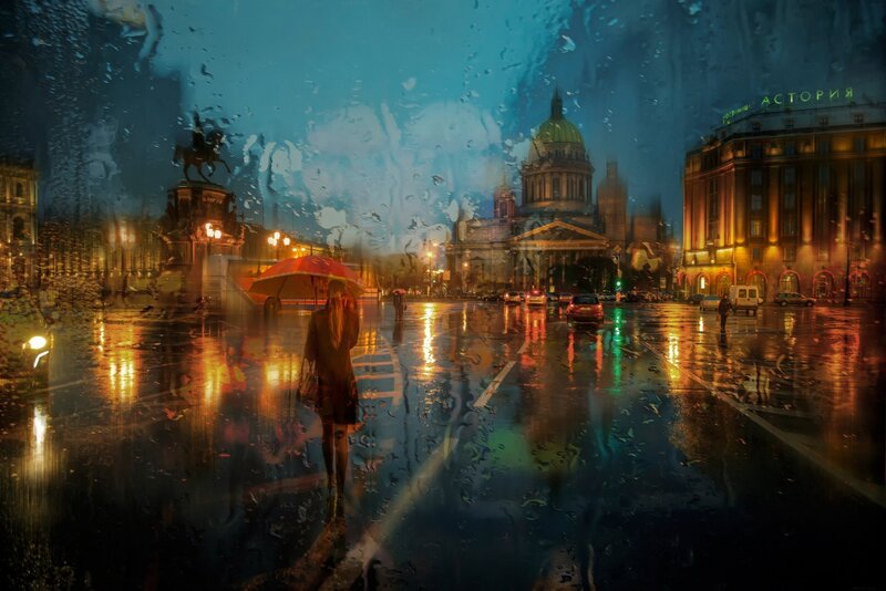 Woman with Red Umbrella — Blue, Dramatic, Night