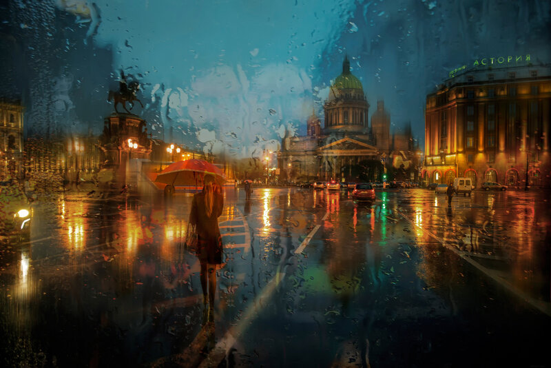 Woman with Red Umbrella — Blue, Dramatic