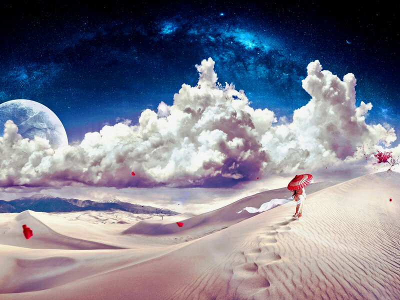 Woman with Red Umbrella — Blue, Dreamy