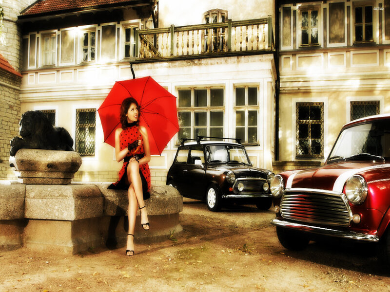 Woman with Red Umbrella — Dramatic, Afternoon, Photograph, Car